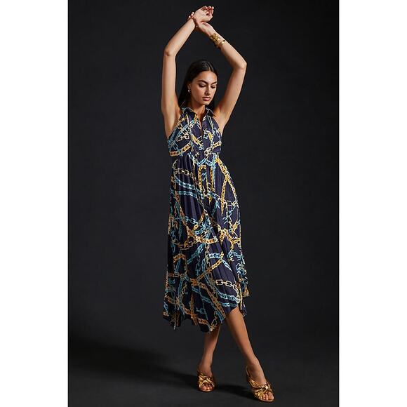 New ANTHROPOLOGIE Maeve Pleated Midi Shirt Dress $180 SMALL Blue Motif - Picture 1 of 7